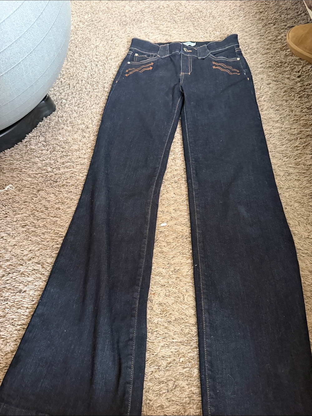 Ranch Dress N Dark Indigo Flared Jeans with Contrast Stitching 34 inch inseam
